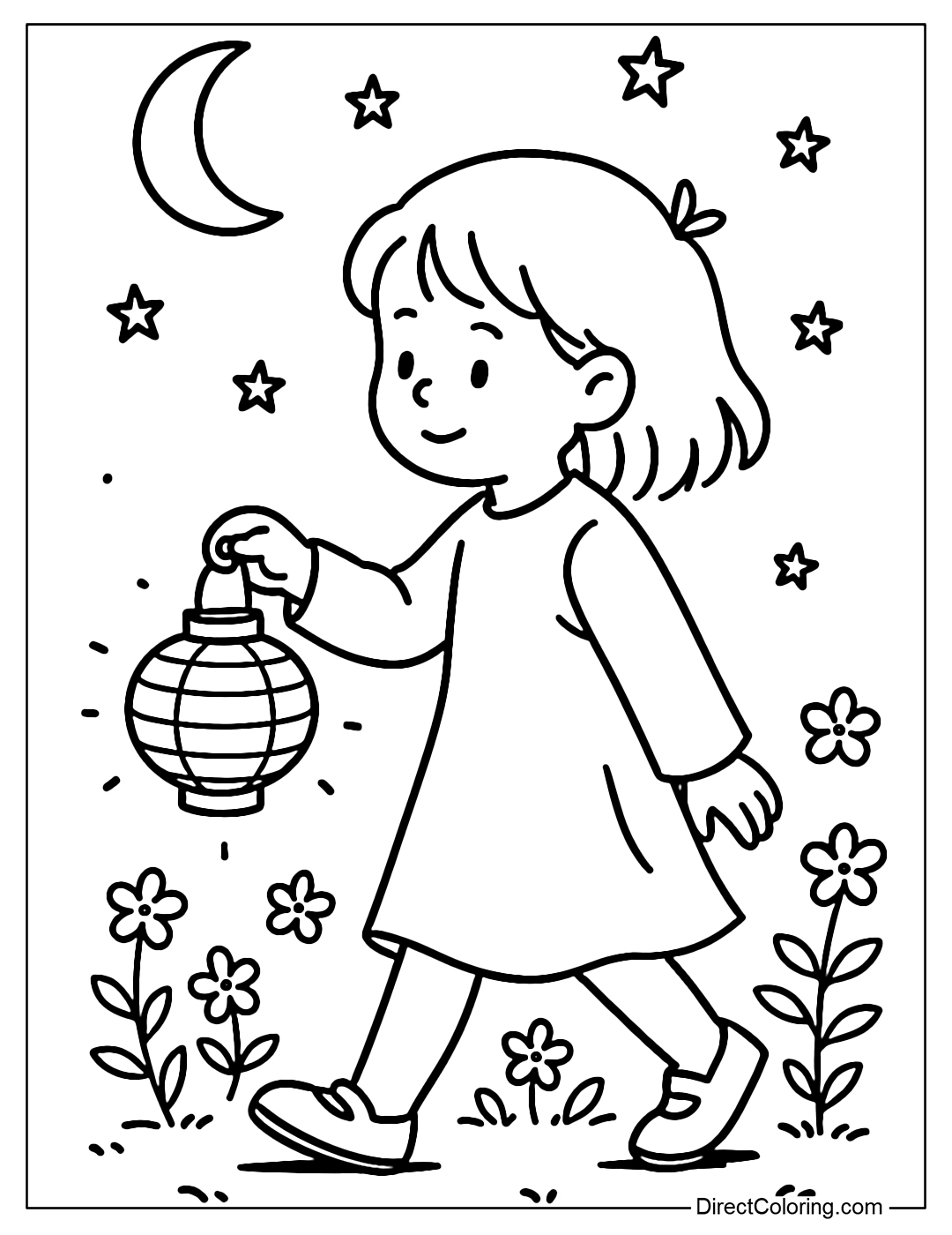 A coloring page where a child is holding a small lantern and walking through the dark night, surrounded by gently blooming flowers.